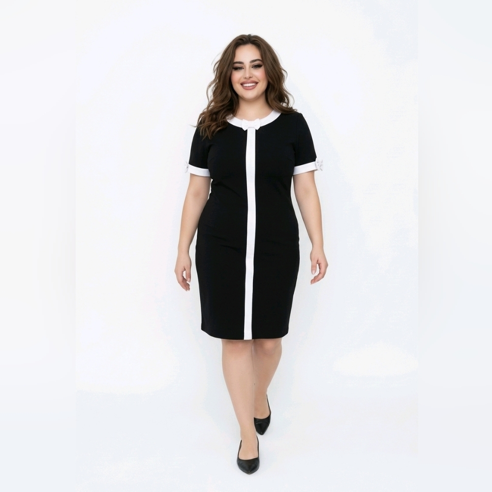 Black White Contrast Shift Dress Bow Detail Zip Back Darts Size 16 - Picture 6 of 6